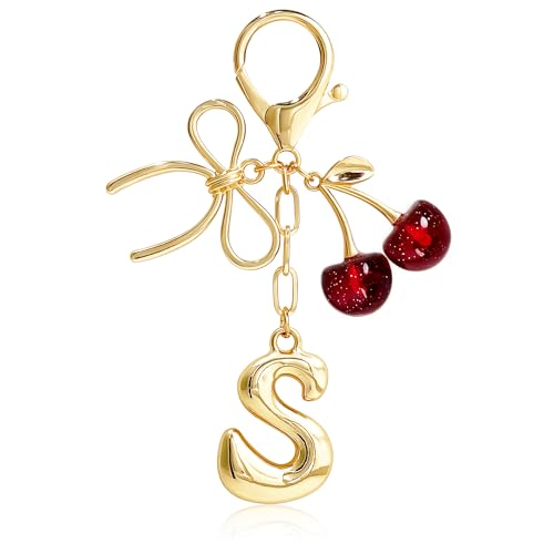 Cute Initial Cherry, Bow, Heart & More Styles - Personalized Keychain Bag Charms & Purse Accessories for Handbags - color: Red Cherry, style: S