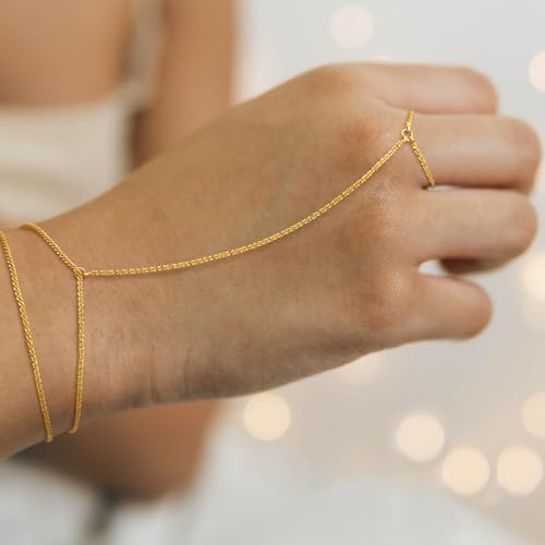 Hand Chain Bracelet for Women Trendy, Dainty Silver Beaded Finger Ring Bracelet Non Tarnish Minimalist Adjustable Simple Cute Silver Bracelets Waterproof Fashion Jewelry - color: Gold-07
