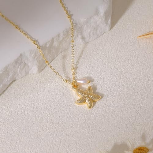 Ewrkbr Gold Necklace for Women,14K Gold Plated Shell Starfish Beach Necklaces Cute Boho Pendant Necklace Fashion Summer Waterproof Pearl Jewelry for Women - color: NK-star