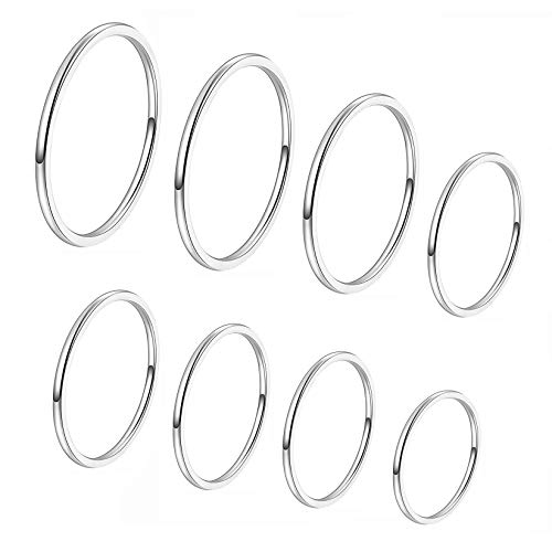 8pcs 1MM Thin Stainless Steel Knuckle Midi Stacking Rings for Women Plain Band Comfort Fit - color: Dome - Silver 8pcs(size 3 to 10)