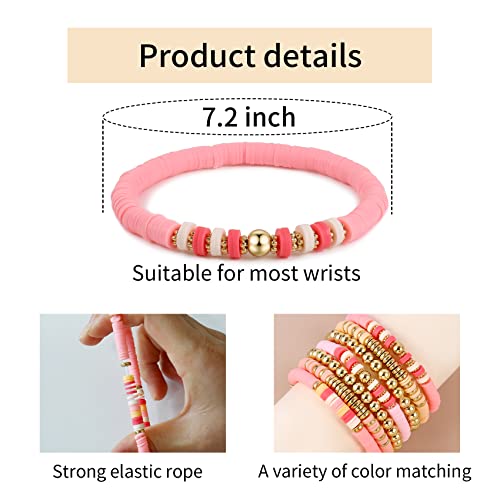 Elegance 11 designs Heishi Beaded Bracelets For Women Polymer Clay Colorful Surfer Stackable Beads Boho Bracelet Summer Beach Jewelry - color: Pink