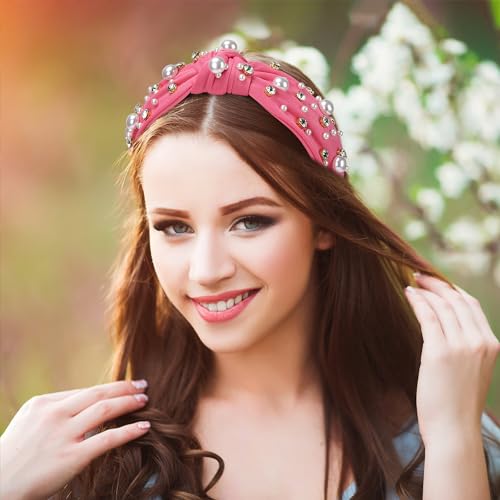 WantGor Pearl Knotted Headband, Women Rhinestone Embellished Hairband Elegant Wide Top Knot Bride Headbands Headpieces Party Fashion Elegant Ladies Hair Band Hair Hoop Accessories (Hot Pink) - color: Hot Pink