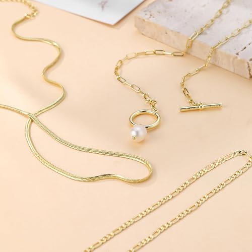 Layered Gold Necklaces for Women, Dainty 14K Gold Plated Cute Pearl Pendant Necklace Jewelry Set Stackable Toggle Chain Choker Collar, Trendy Waterproof Non Tarnish Jewelry Gift - style: Necklace 01-GD