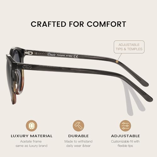 DUCO Women's Trendy Retro Round Acetate Polarized Sunglasses, UV400 99% Glare Block, Lightweight for Daily & Outdoor - color: 6. Black Copper Frame Grey Lens