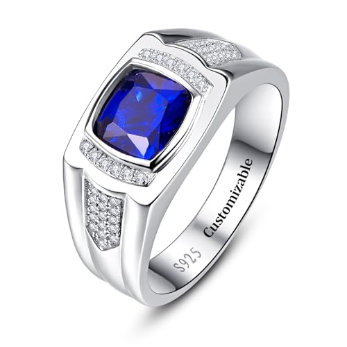 Yaresul 8 * 8mm 2.85CT 925 Sterling Silver Mens Gemstone Ring Princess Cut Created Black Onyx|Sapphire|Emerald|Ruby Mens Wedding Band Engagement Ring Pave CZ W/AAA Size 6-13 - color: Y-Customized Birthstone/Metal Type