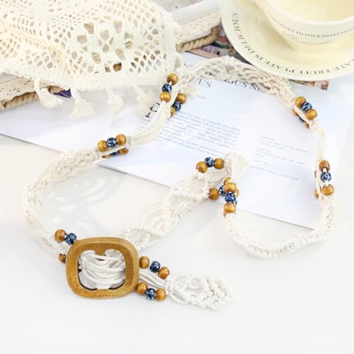 Women Braided Waist Belt Boho Woven Belt with Wooden Beads and Ring Clasp Vintage Long Tassel Rope Tie Belt for Dress - color: Beige 5