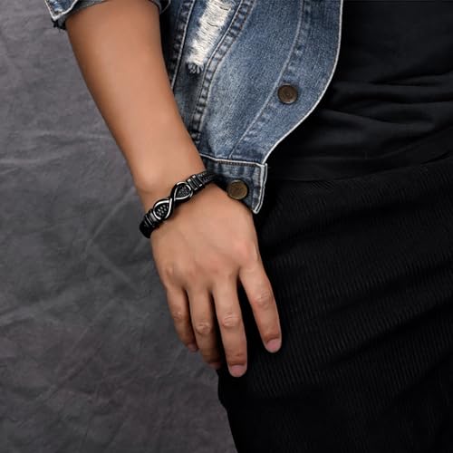 Men's Leather Infinity Bracelet Stainless Steel Number 8 Wristband Cuff Bangle Bracelets Gifts for Men, 8.3 & 9.1 inches - color: 01.Single-layers leather & black infinity, size: 8.3inch(Fits most wrists.)