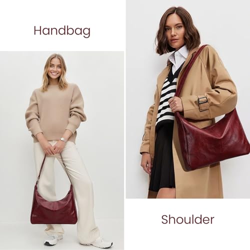 Brown Shoulder Bag for Women,Brown Leather Purse Slouchy Hobo Bags Everyday Purse Daily Commuting Bag with Zipper - color: Red