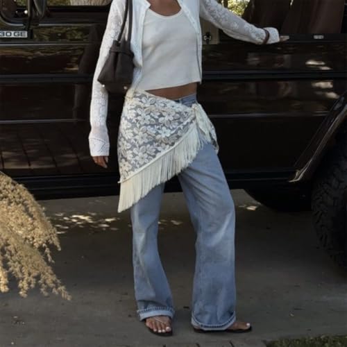Women Y2K Lace Fringe Hip Scarf Boho Triangle Tassel Waist Cover Up Skirt Wrap Sheer Tie Belt Aesthetic Streetwear - color: D White