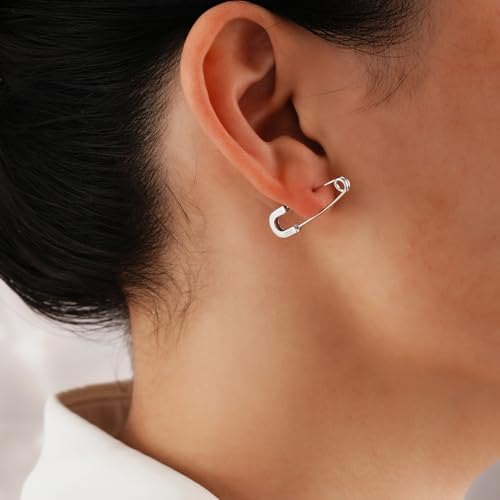 CHIC & ARTSY 925 Sterling Silver Safety Pin Earrings - Lightweight Comfortable Punk Paperclip Cartilage Hoop Earrings, Trendy Industrial Style Jewellery for Women and Men - color: White