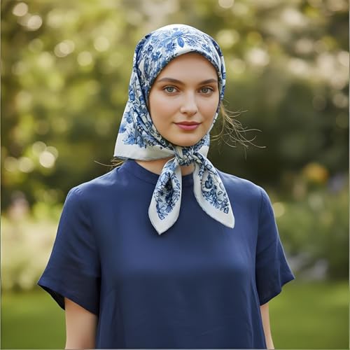 Premium Floral Scarf for Women 35x35 Square Silk Feel-Lightweight Scarves Headscarf Bandanas Wrapping Handbag - color: Big Blue Butterfly