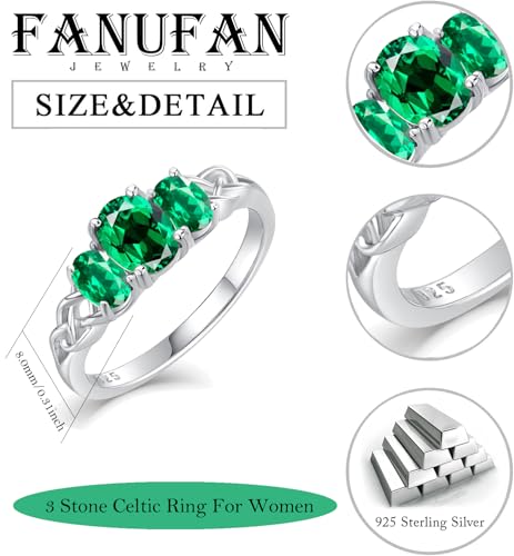 Celtic Birthstone Rings for Women 925 Sterling Silver Celtic Knot Ring 3-Stone Promise Rings for Her Wife Birthday Anniversary Wedding Jewelry - color: 05-May-Emerald