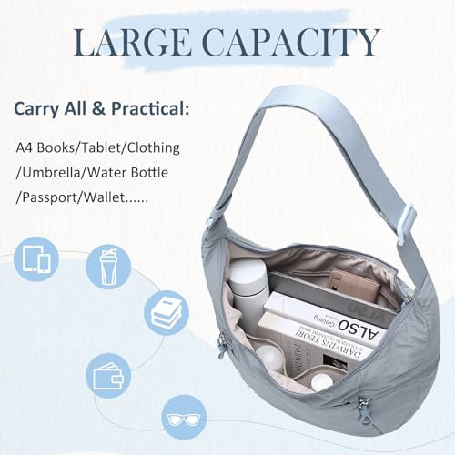 VASCHY Crossbody Crescent Bag for Women, Casual Lightweight Nylon Large Slouchy Hobo Bags Purses for Travel/Gym/Work/College - color: Light Blue