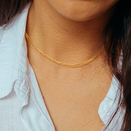 CHESKY 14k Gold Plated/Silver Plated Dainty Necklace for Women, Trendy Satellite Choker Necklace Thin Beaded Layered Choker Necklaces Discs Paperclip Chain Necklaces Womens Simple Jewelry - style: 3beads-gold
