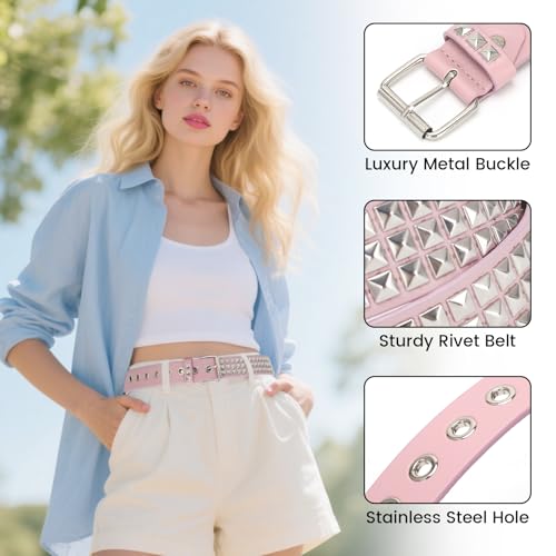Studded Belt, Metal Punk Rock Rivet belt with Bright Pyramid Studded for Women Men - color: Green, size: Fit Pant 45-50 Inch