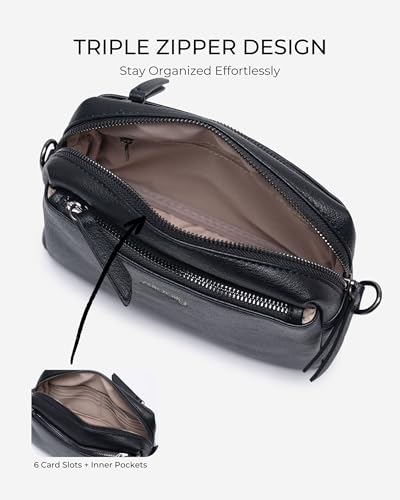 Alldaily Small Triple Zip Crossbody Purse for Women, Vegan Leather Phone Bag with Wide Shoulder Strap - color: Black