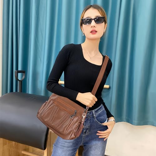ELDA Crossbody Bags For Women Pocketbooks Soft PU Leather Purses and Handbags Multi Pocket Shoulder Bag - color: Brown