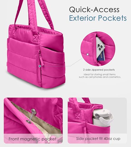 Tote Bag for Women with Zipper, Quilted Puffer Tote Bag with Compartments, Lightweight Puffy Work Bags for Women Travel - color: Raspberry Pink