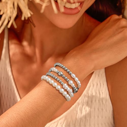 VIBILIA Gold Beaded Bracelets Set for Women 14K Gold Plated Dainty Pearl Cross Bracelet Stack Stretch Bracelet Set Fashion Accessories Gifts - color: 4P-#02-BK-Silver