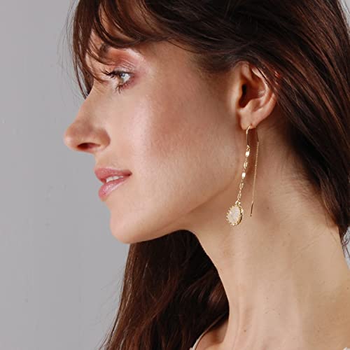 Simulated Druzy Threader Earrings for Women - Gold, Silver, or Rose Gold Tone Long Chain Earrings with Boho Created Geode Stone - color: Gold - White Created Opal