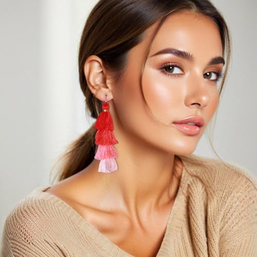 Clip on Earrings, Lightweight Colorful Layered Tassel Bohemian Statement Tiered Big Dangle Drop Earrings for Women, Non Pierced, Boho Jewelry - color: Dark Red