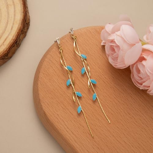 Temperament Long Zircon Tassel Earrings for Women Charm Jewelry Sparkling Crystal Leaves Twist Dangle Earrings for Friends - color: Gold-Bule Leaves