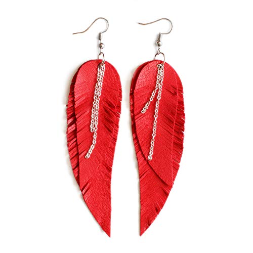 Black shiny Leather Feather Earrings for Women, Lightweight Minimal Boho Dangle Earrings, Small Simple Everyday Jewelry - color: red