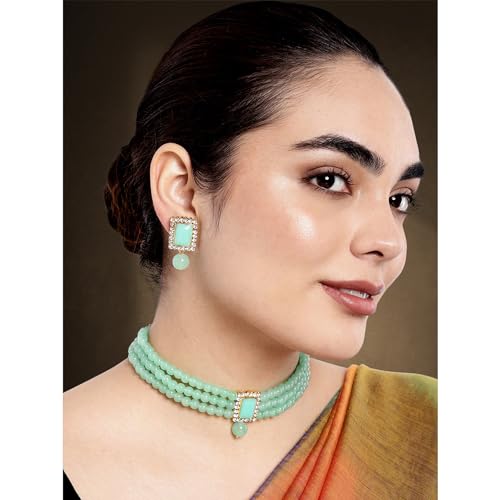 Aheli Ethnic Choker Necklace Earrings Wedding Bollywood Party Jewelry Set Gift for Women - color: Mint Green