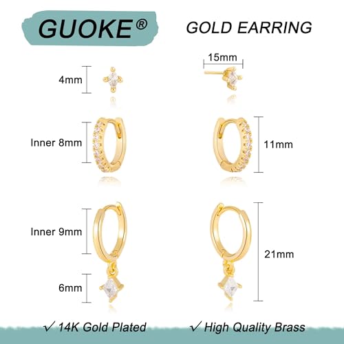 3 Pairs Small Earring Stacks, 14K Gold/Silver/Black/Rose Gold Plated Pearl Heart Butterfly Star Diamond Charm Drop Huggie Earrings Trendy Jewelry Gift for Women - color: Gold-Rhombus CZ