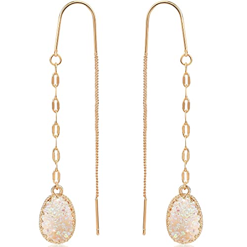Simulated Druzy Threader Earrings for Women - Gold, Silver, or Rose Gold Tone Long Chain Earrings with Boho Created Geode Stone - color: Gold - White Created Opal