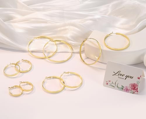 5mm Wide Gold Hoop Earrings for Women, 14K Gold Plated Big Chunky Hoop Earrings with S925 Sterling Silver Post, Hypoallergenic Lightweight Earrings Jewelry for Women 30/40/50/60/70mm - color: Gold-50mm