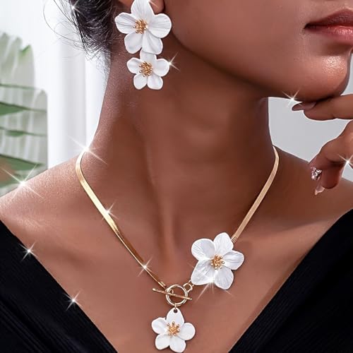 Vintage Flower Necklace Earring Set Gold Snake Chain Necklace Bohemian Large Double Flower Choker Necklaces Hypoallergenic Statement Flower Stud Earrings Elegant Bridal Wedding Summer Beach Jewelry - color: White