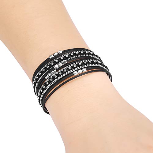 Fesciory Leather Wrap Bracelets for Women, Boho Leopard Multi-Layer Crystal Beads Cuff Bracelet Jewelry - color: B28:Short Black