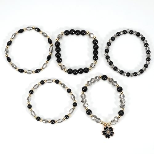 coadipress 5Pcs Bohemian Flower Stackable Bead Bracelets for Women Multilayer Crystal Glass Beaded Charm Bangles Bracelet Boho Summer Beach Hawaii Holiday Statement Jewelry - color: Black