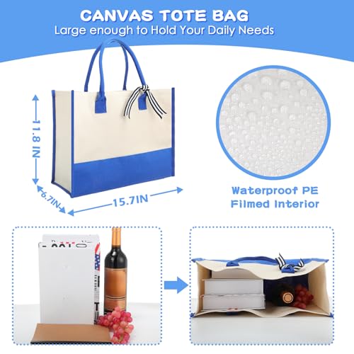 Reginary 12 Pack Canvas Tote Bags Initial Classic Present Personalized Canvas Beach Bag for Wedding, Birthday, Beach(Blue and White) - color: Blue and White