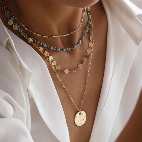 Boho Layered Gold Turquoise Necklace for Women Multi Strand Western Beach Jewelry Stackable Chain with Toggle Clasp Disc Pendant Trendy Fashion Jewelry - color: Gold-2