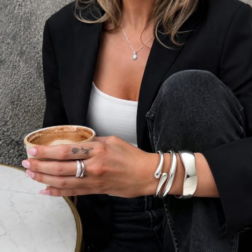 Chunky Gold Bangle Bracelets for Women Trendy 14K Gold Plated Cuff Bracelets Stack, Dainty Gold Bracelet Sets Non Tarnish Fashion Jewelry Gift - style: Silver-3pc-004