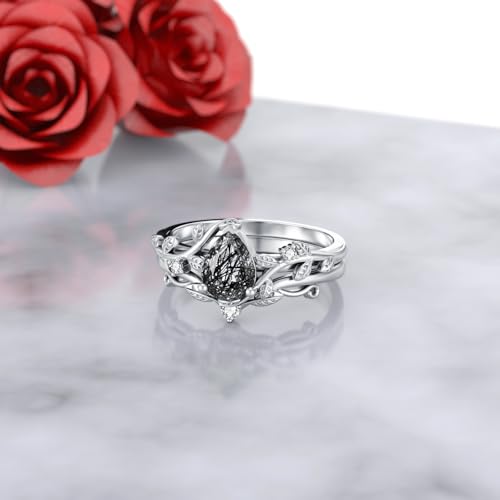 Natural Moss Agate Ring for Women 925 Sterling Silver Pear/Oval/Kite/Heart/Hexagon/Emerald/Coffin Cut Green Leaf Moss Agate Engagement Ring Promise Bridal Set Anniversary Birthday Jewelry Gifts - color: Pear Cut Black Rutilated Quartz