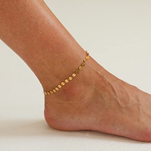 Dainty Ankle Bracelets for Women 18K Gold Plated Satellite Beaded Herringbone Lip Chain Anklets Simple Minimalist Summer Beach Foot Jewelry Christmas Gifts - color: Coin-Gold