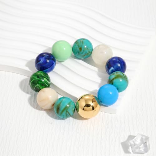 Multicolor Chunky Beaded Bracelet for Women Bold Acrylic Resin Stretch Bracelet Summer Beach Statement Bracelets Trendy Elastic Bangle Jewelry - color: Large bead bracelet-multi blue