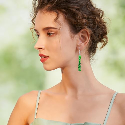 Handmade Bohemian Vintage Silver Nature Stone Beads Long Dangle Drop Earrings for Women - color: Bright Green