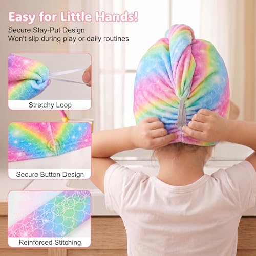 Basumee Microfiber Hair Towel Wrap for Kids 2 Pack Rapid Drying Hair Towel with Button Hair Turbans for Wet Hair Wraps Head Towel Wrap for Women and Girls, Rainbow - color: Rainbow