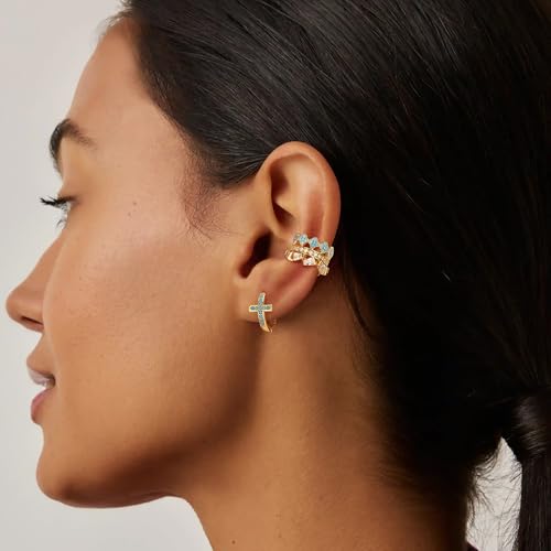 MEVECCO Cross Hoop Earrings 14K Gold Plated Dainty Minimalist Simple Small Faith Cross Huggie Earrings For Women Symbol of Protection Faith Jewelry Gift - style: Tur-Cross