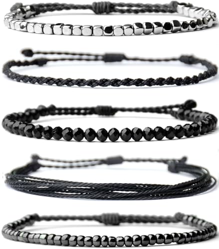Mezcla Vida Handmade Waterproof Rope Bracelets Pack String & Beaded Bracelet Stack - Set of 5 Stackable Bracelets For Women, Summer Accessories & Bohemian Bracelets for Teen Girls - color: Black