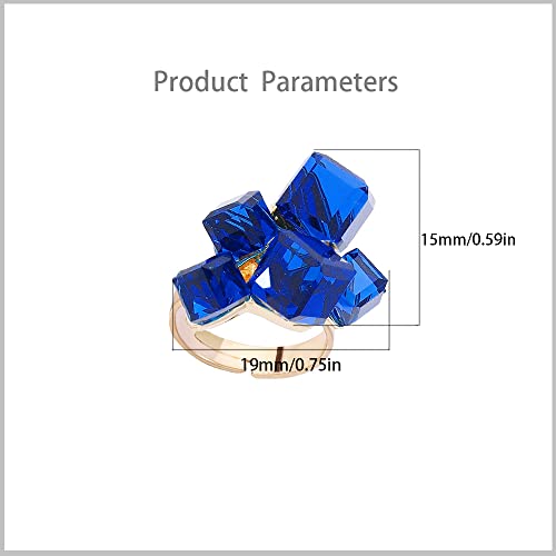 Hebelee Boho Square Crystal Statement Ring for Women Gold-Toned Adjustable Expandable Promise Engagement Geometric Rings Comfort Fit Elegant Art Deco Birthday Christmas Cocktail Party Y2K Jewelry - color: Blue