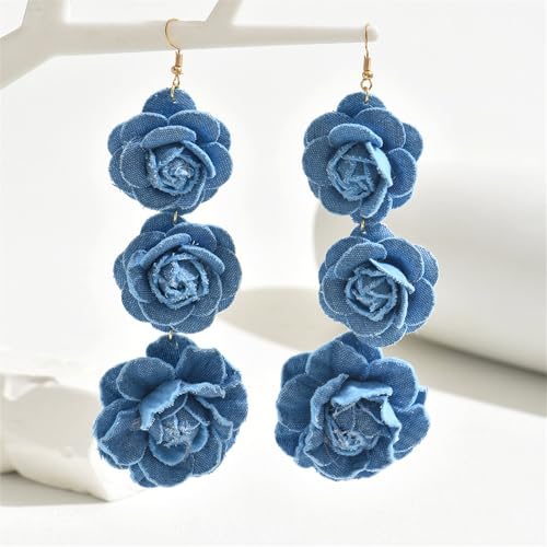 coadipress Boho Denim Camellia Flower Dangle Earrings for Women Exaggerated Big Layered Tiered Blossom Floral Drop Long Earring Chic Statement Earrings Wedding Bridal Jewelry Gifts - style: 3 Flowers