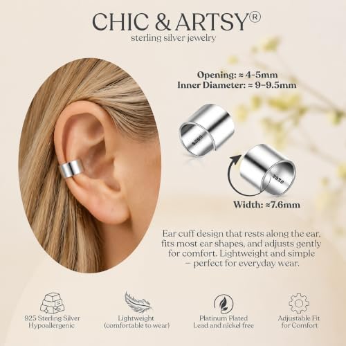 CHIC & ARTSY 925 Sterling Silver Ear Cuffs for Women, Non Piercing Clip On Cartilage Cuffs, Adjustable Fake Conch & Helix Earrings, Gold Plated & Oxidized Various Styles - color: ear cuff #14