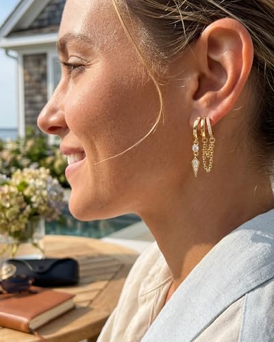 MUMREUES Gold Earrings for Women Trendy 14K Gold Plated Dangle Earrings Small Hoop Huggie Drop Stud Earrings Cubic Zirconia Simple Minimalist Dainty Chain Tassel Hypoallergenic Earrings - color: Chain & Gold