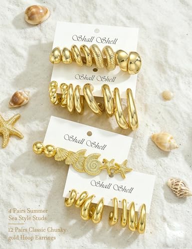 16 Pairs Starfish Chunky Gold Hoop Earrings Set for Women, Beach Shell Style Stack Statement Earrings, Hypoallergenic Lightweight Gold Plated Trendy Summer Jewelry Gift - color: gold-ocean