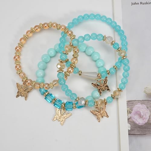 Bohemian Bracelet Sets for Women - 4-Pack Stackable Stretch Bead Bracelets with Black＆White Crystal & Gold Accessories, Multi-Layer Boho Jewelry - color: turquoise butterfly